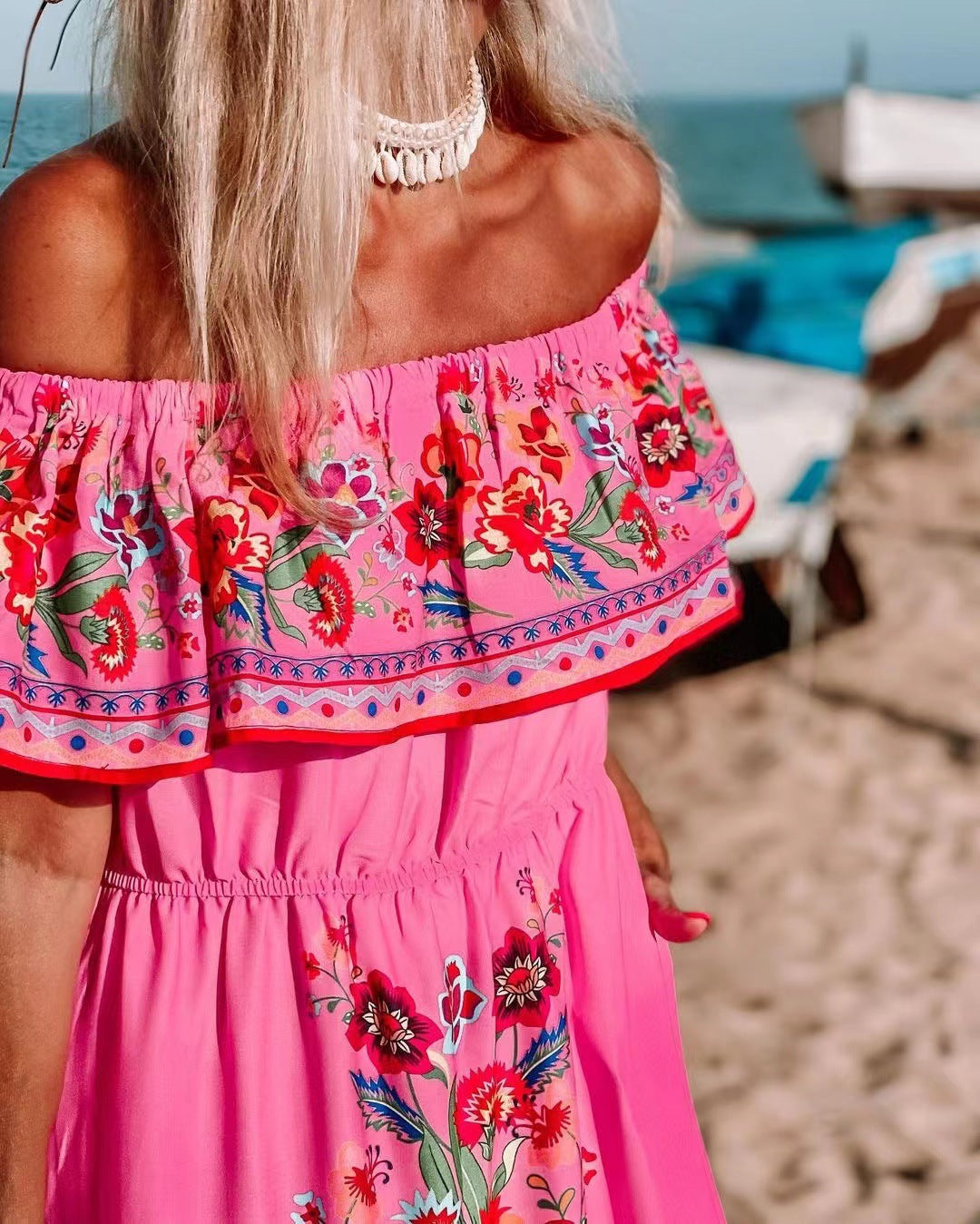 Oceana - Vestido largo con cintura ajustable y estampado de encaje