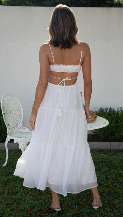 Vestido de gran vuelo con cuello en V, sin mangas, color sólido y costuras
