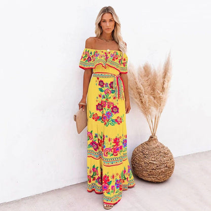 Oceana - Vestido largo con cintura ajustable y estampado de encaje