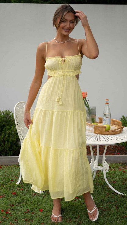Vestido de gran vuelo con cuello en V, sin mangas, color sólido y costuras