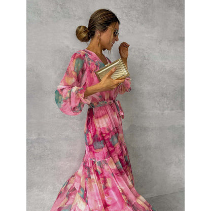 Trinity - Vestido Maxi Bohemio Plisado con Escote en V
