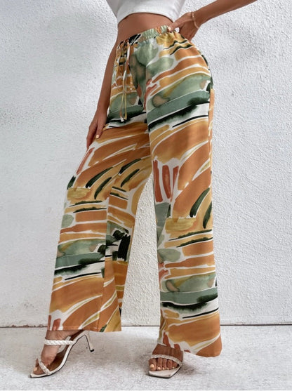 Pantaloni a gamba larga da donna – Stampa astratta – Vita elastica – Vestibilità fluida e leggera