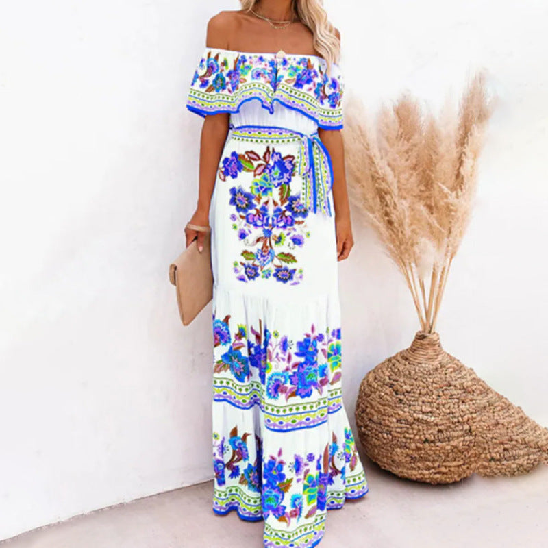 Oceana - Vestido largo con cintura ajustable y estampado de encaje