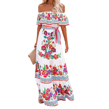 Oceana - Vestido largo con cintura ajustable y estampado de encaje