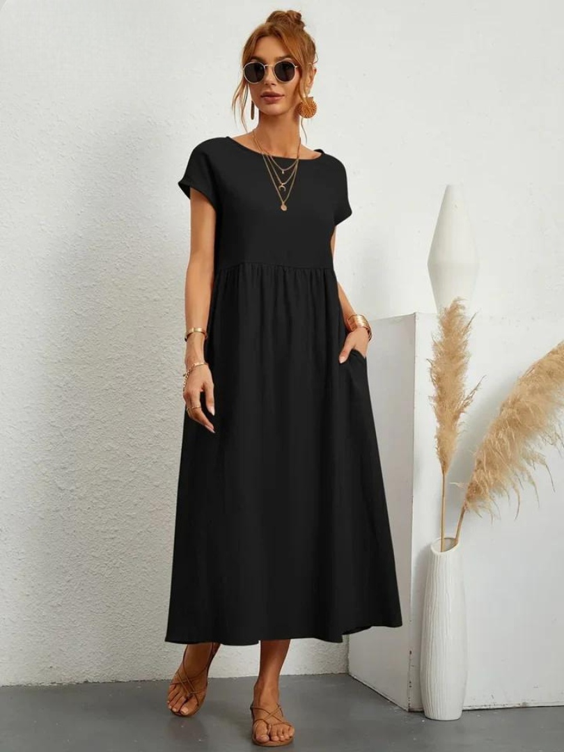 Maelis - Vestido suelto de algodón y lino para mujer con bolsillo