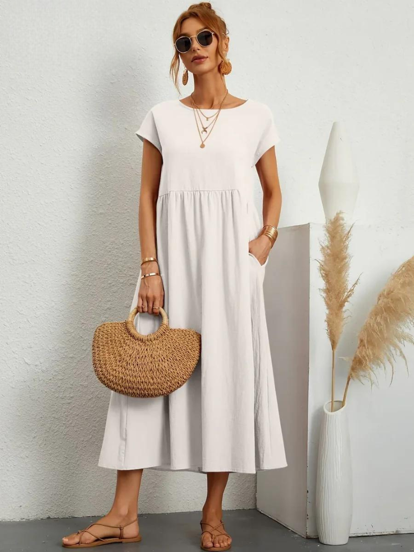 Maelis - Vestido suelto de algodón y lino para mujer con bolsillo