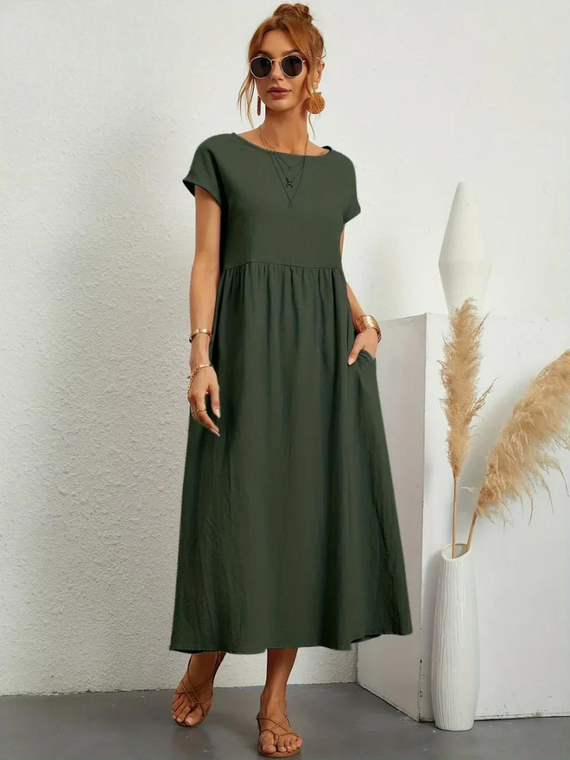 Maelis - Vestido suelto de algodón y lino para mujer con bolsillo