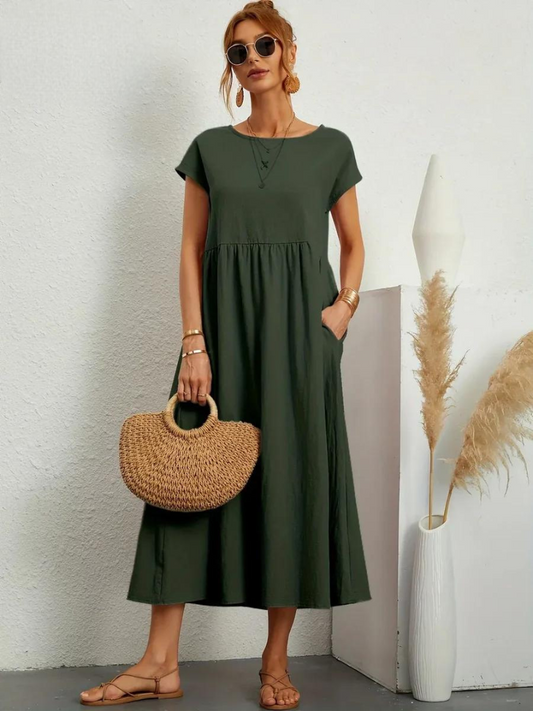 Maelis - Vestido suelto de algodón y lino para mujer con bolsillo