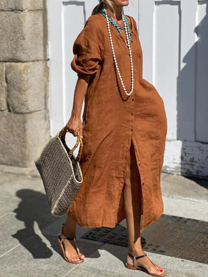 Perlita - Vestido de algodón, lino y botones sólidos