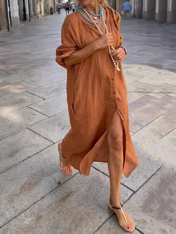 Perlita - Vestido de algodón, lino y botones sólidos