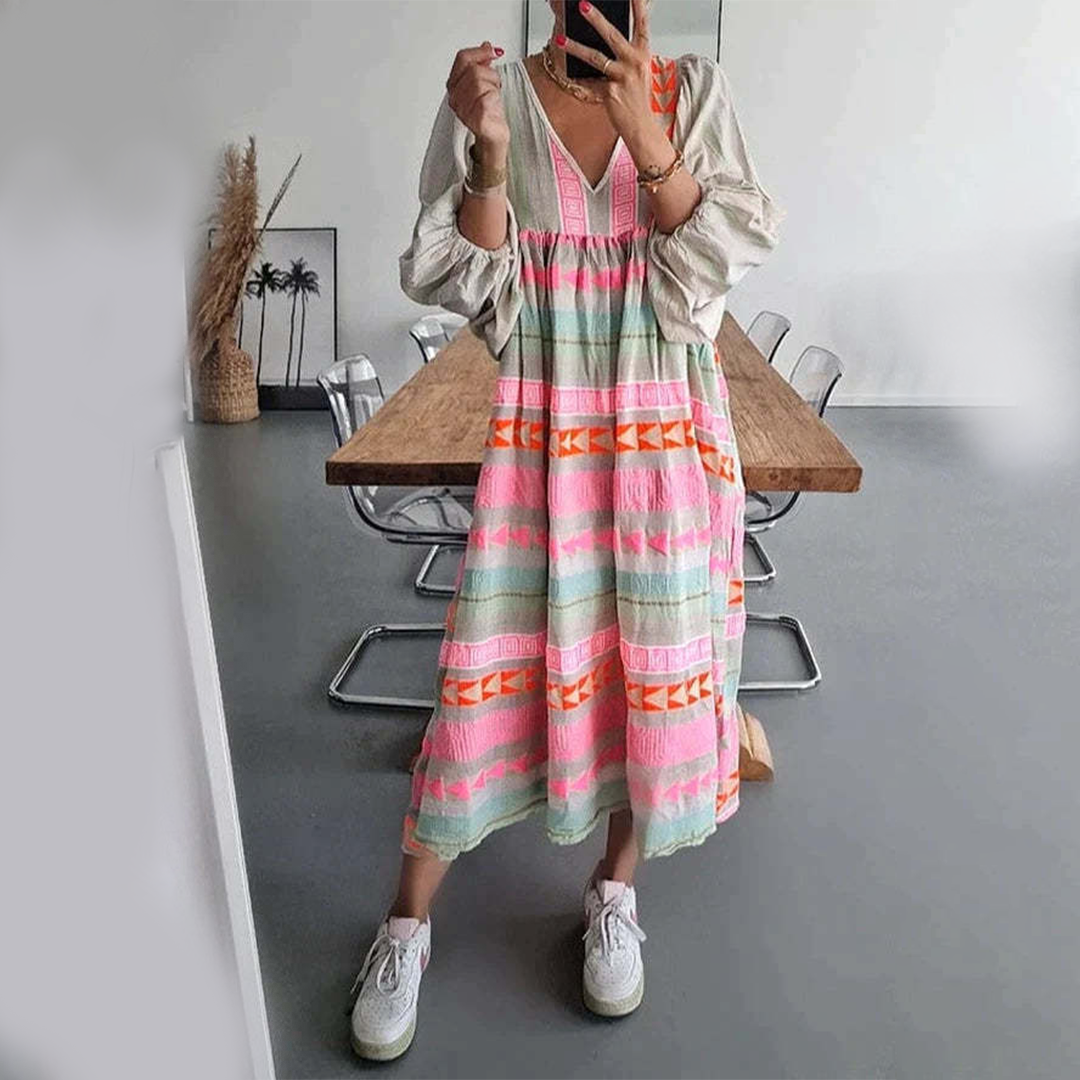 Ziggy - Vestido largo vintage de verano con escote en V y mangas abullonadas