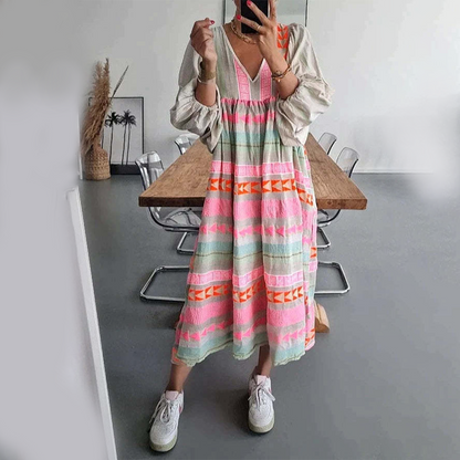 Ziggy - Vestido largo vintage de verano con escote en V y mangas abullonadas
