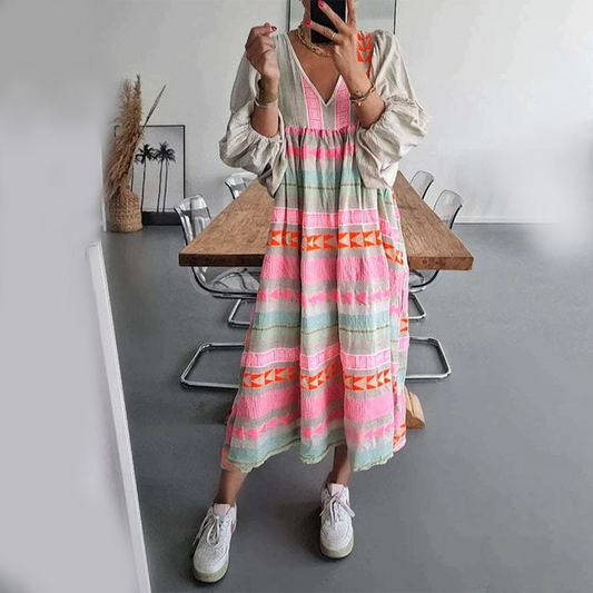 Ziggy - Vestido largo vintage de verano con escote en V y mangas abullonadas