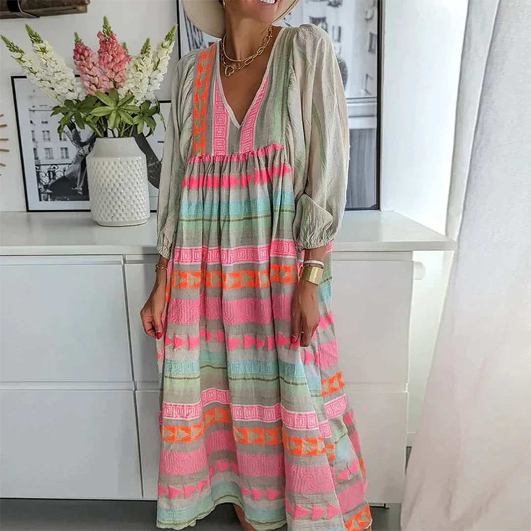 Ziggy - Vestido largo vintage de verano con escote en V y mangas abullonadas