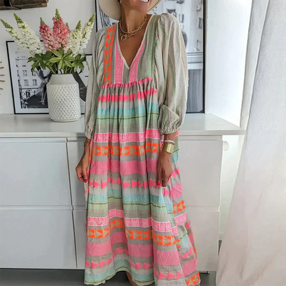 Ziggy - Vestido largo vintage de verano con escote en V y mangas abullonadas