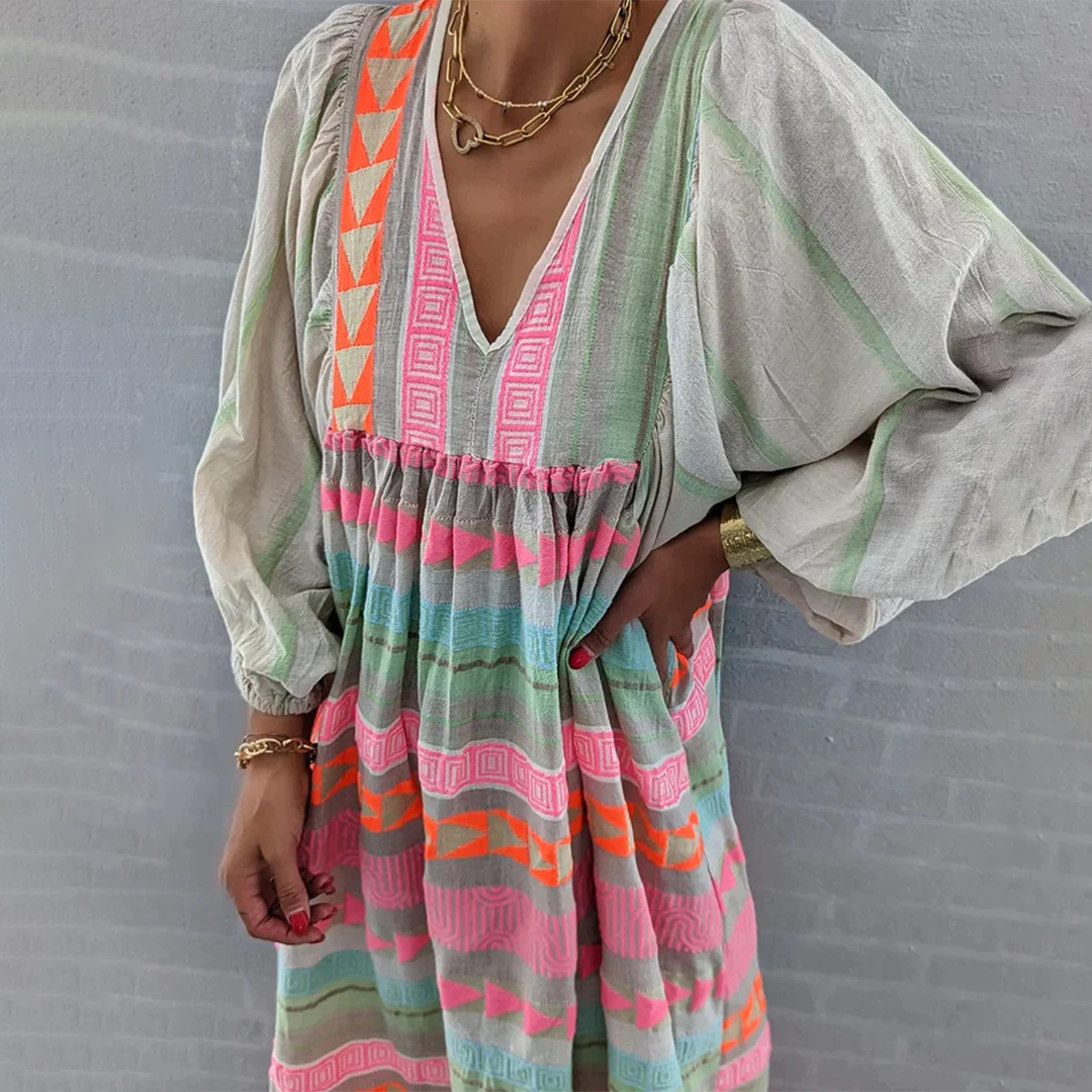 Ziggy - Vestido largo vintage de verano con escote en V y mangas abullonadas