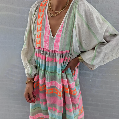 Ziggy - Vestido largo vintage de verano con escote en V y mangas abullonadas