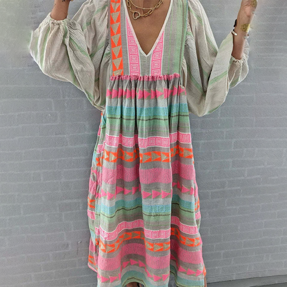 Ziggy - Vestido largo vintage de verano con escote en V y mangas abullonadas