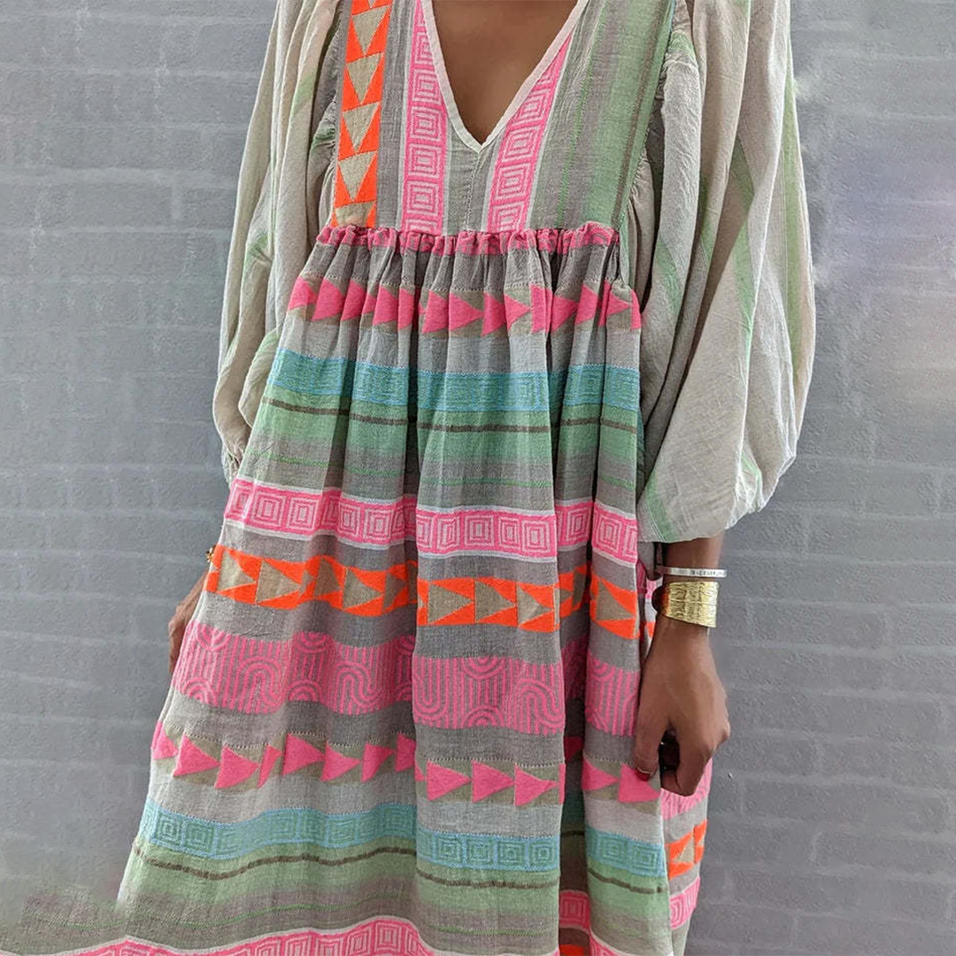 Ziggy - Vestido largo vintage de verano con escote en V y mangas abullonadas