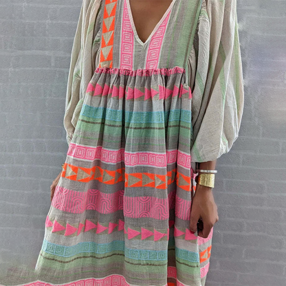 Ziggy - Vestido largo vintage de verano con escote en V y mangas abullonadas