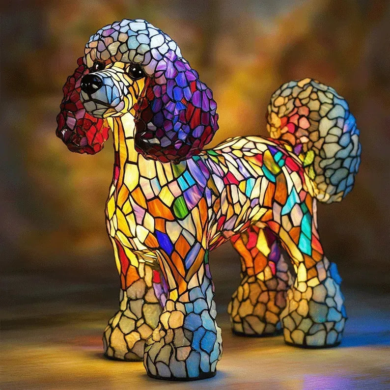 Handmade Stained Glass Dog Lamp – Warm Glow Light for Dog Lovers