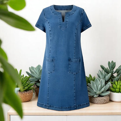 Indigo - Vestido de mezclilla suave para mujer con mangas cortas