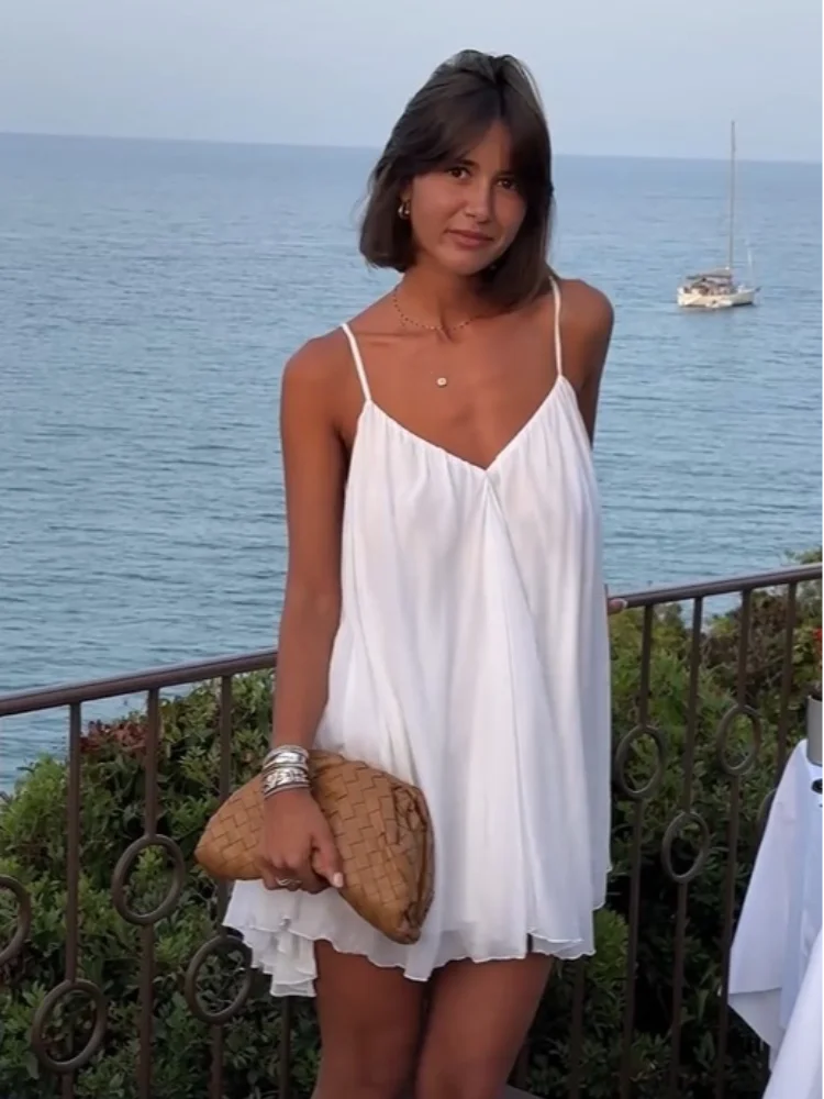 Olive - Vestido playero mini plisado con escote en V