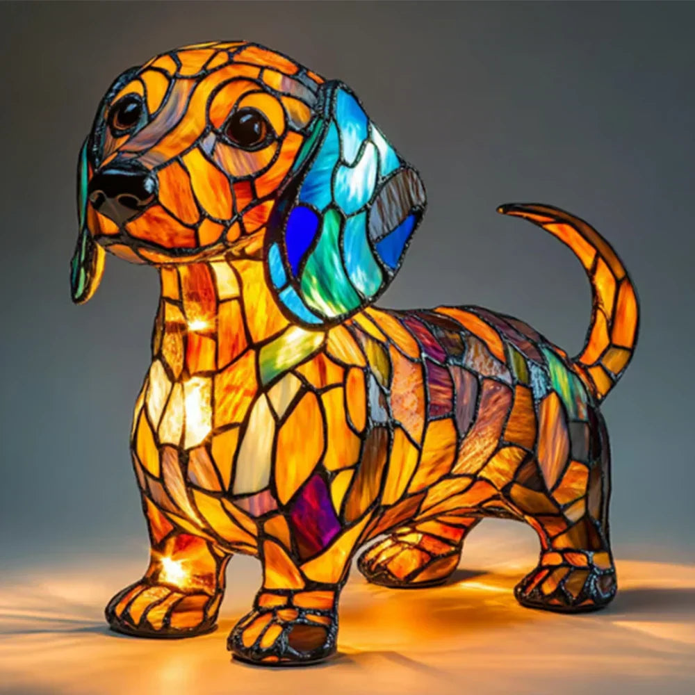 Handmade Stained Glass Dog Lamp – Warm Glow Light for Dog Lovers
