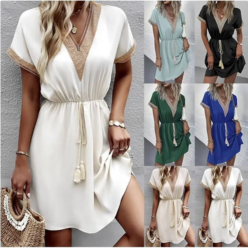 Josephine - Vestido bohemio chic con escote en V y cinturón favorecedor en la cintura