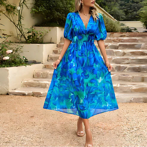 Everly - Vestido midi vintage glam con mangas farol