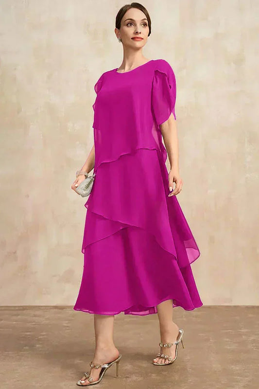 Belle - Vestido largo irregular de capas con mangas cortas y fluido