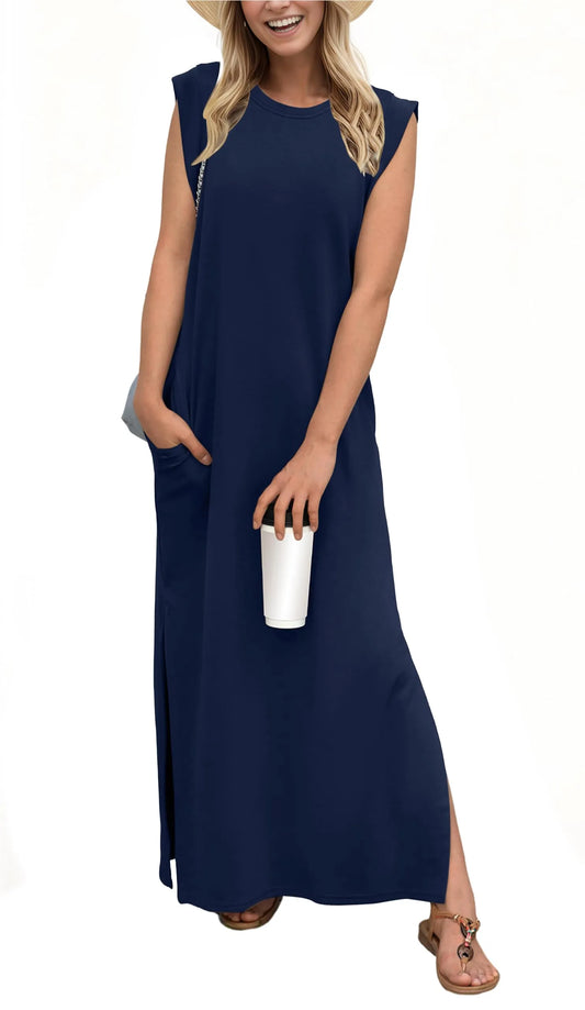 Vestido maxi suelto casual Denise con abertura y sin arrugas