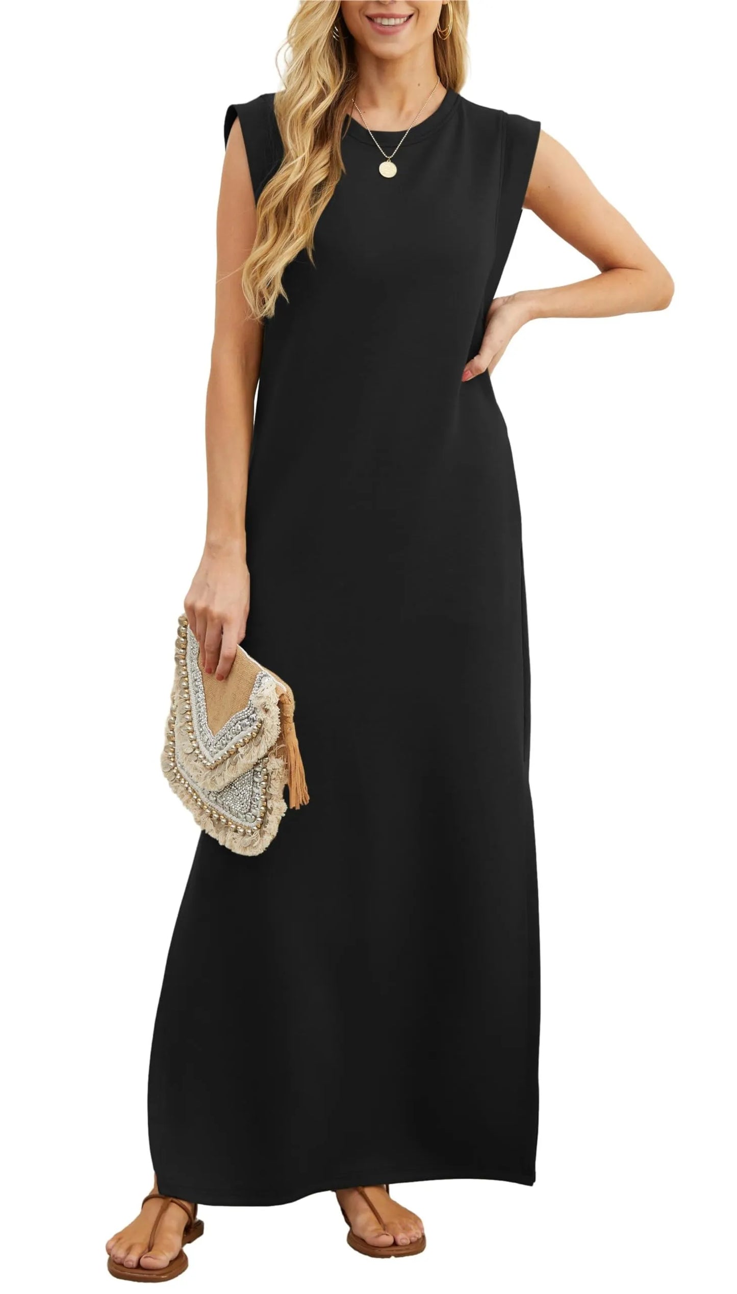 Vestido maxi suelto casual Denise con abertura y sin arrugas