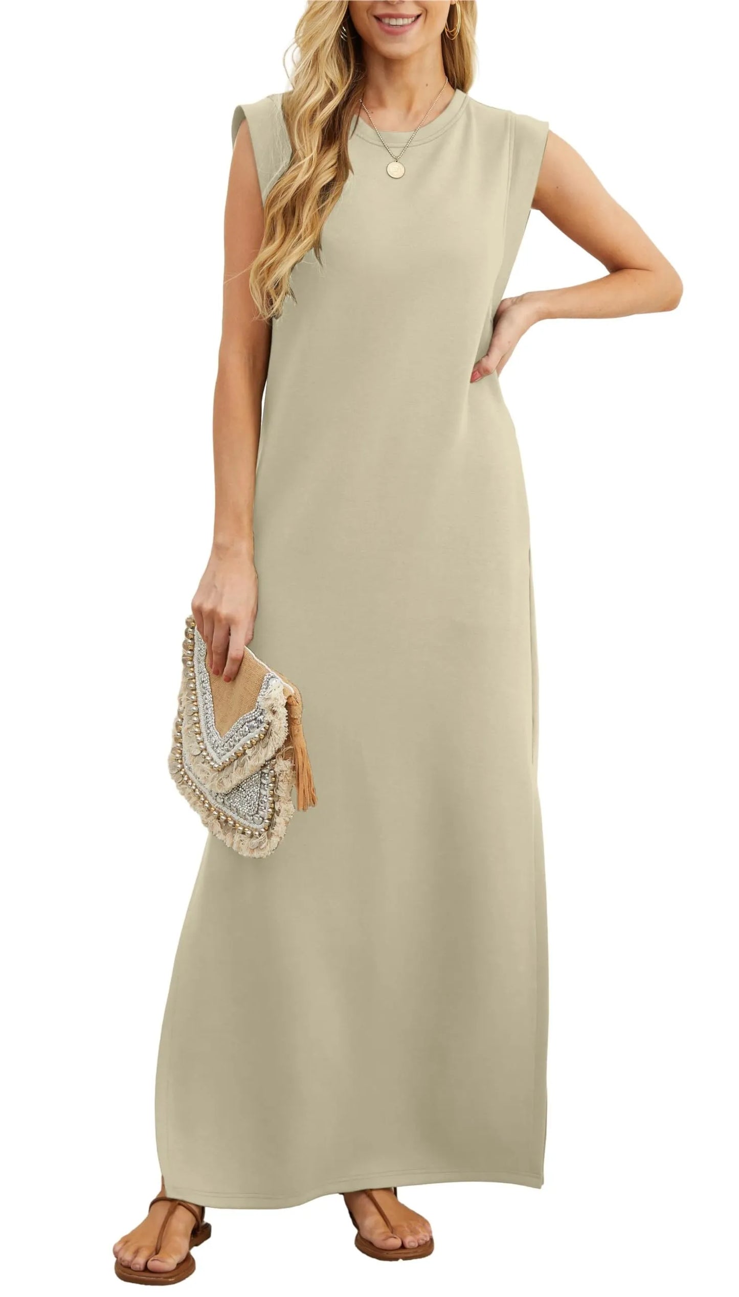 Vestido maxi suelto casual Denise con abertura y sin arrugas