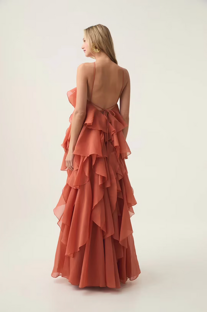 Nephele - Vestido de cóctel largo con volantes y halter