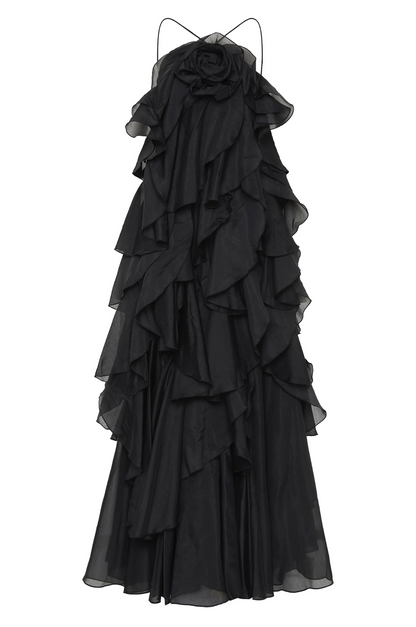 Nephele - Vestido de cóctel largo con volantes y halter