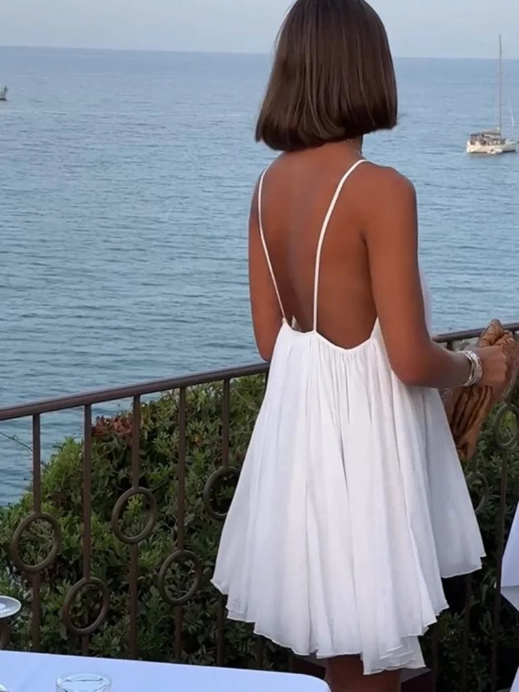 Olive - Vestido playero mini plisado con escote en V