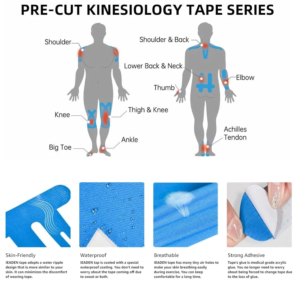 Pre-Cut Kinesiology Tape for Muscle Support and Pain Relief – Flexible & Waterproof Sports Tape