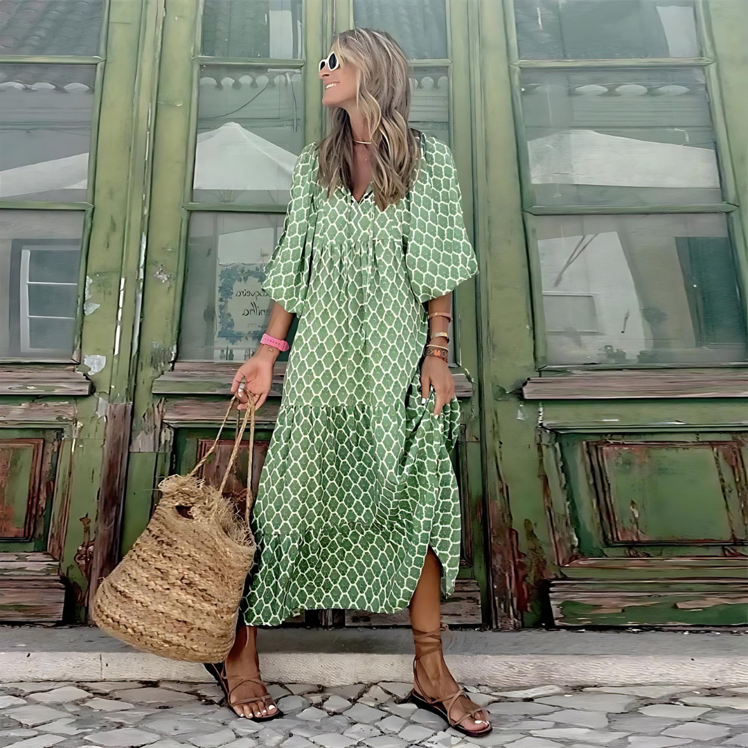 Cassandra - Vestido de corte alto-bajo con estampado geométrico para mujer