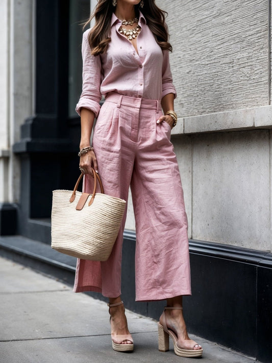 Sophia™ | Conjunto de pantalones capri rosas y camisa holgada