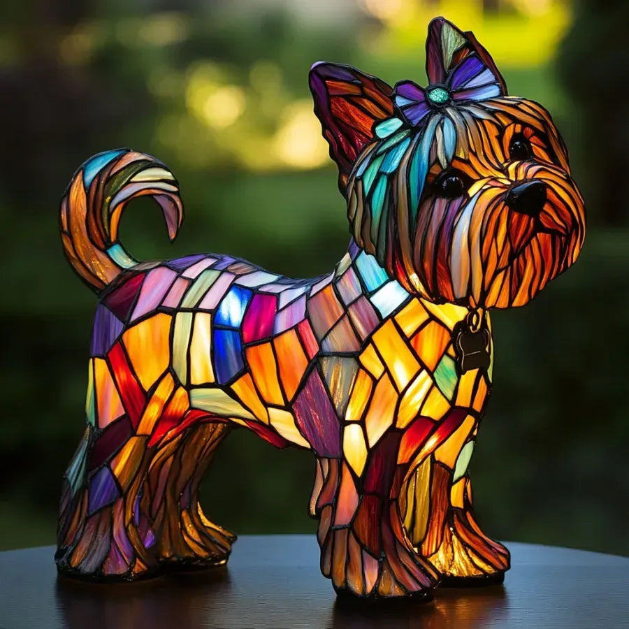 Handmade Stained Glass Dog Lamp – Warm Glow Light for Dog Lovers