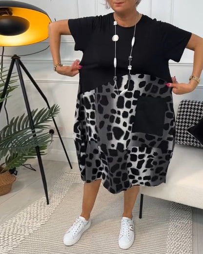Allison - Vestido midi elegante de manga corta con estampado de leopardo