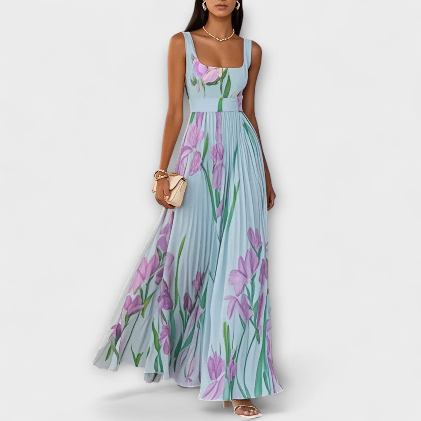 Abito lungo in chiffon floreale piegato