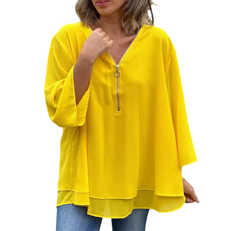 Janine | Blusa de manga con media cremallera fluida