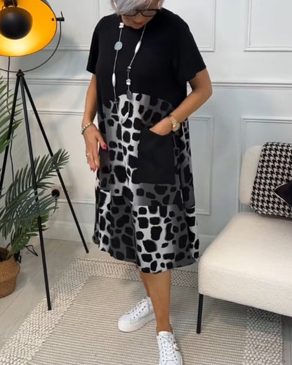 Allison - Vestido midi elegante de manga corta con estampado de leopardo