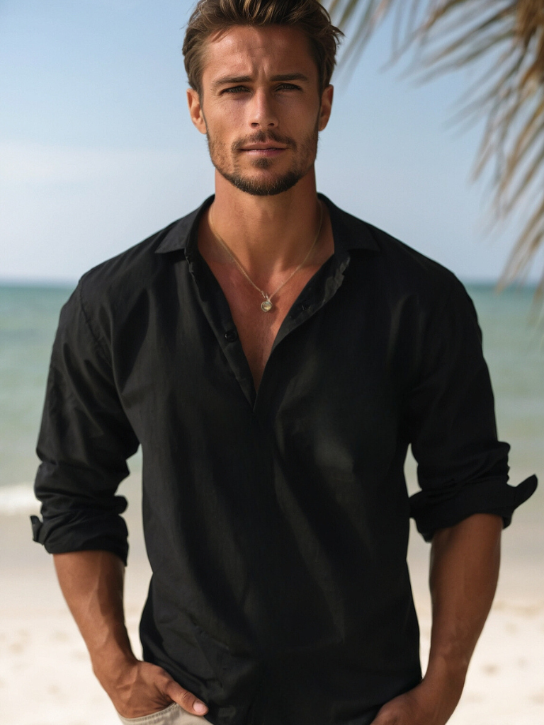 Camisa de lino azul marino para hombre - transpirable, ligera, ropa casual para la playa