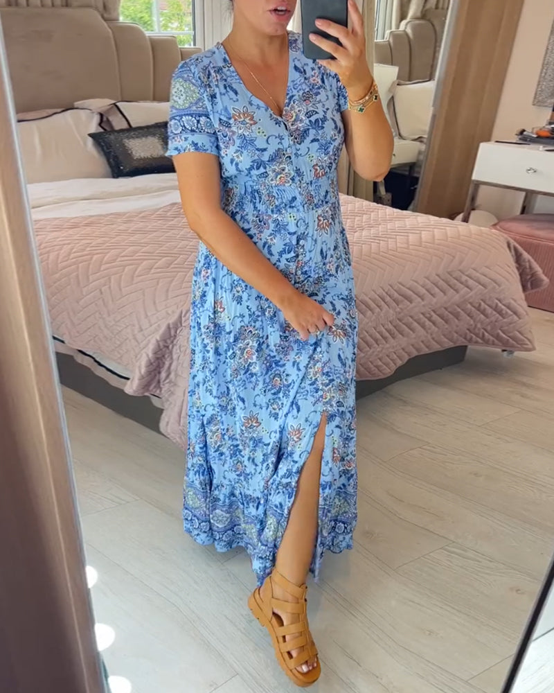 Ellie - Vestido elegante floral con escote en V y dobladillo plisado