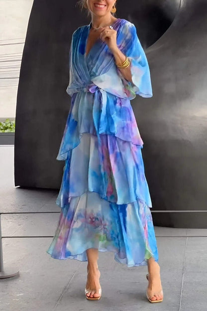 Nysa - Vestido de gasa con volantes y estampado floral de primavera