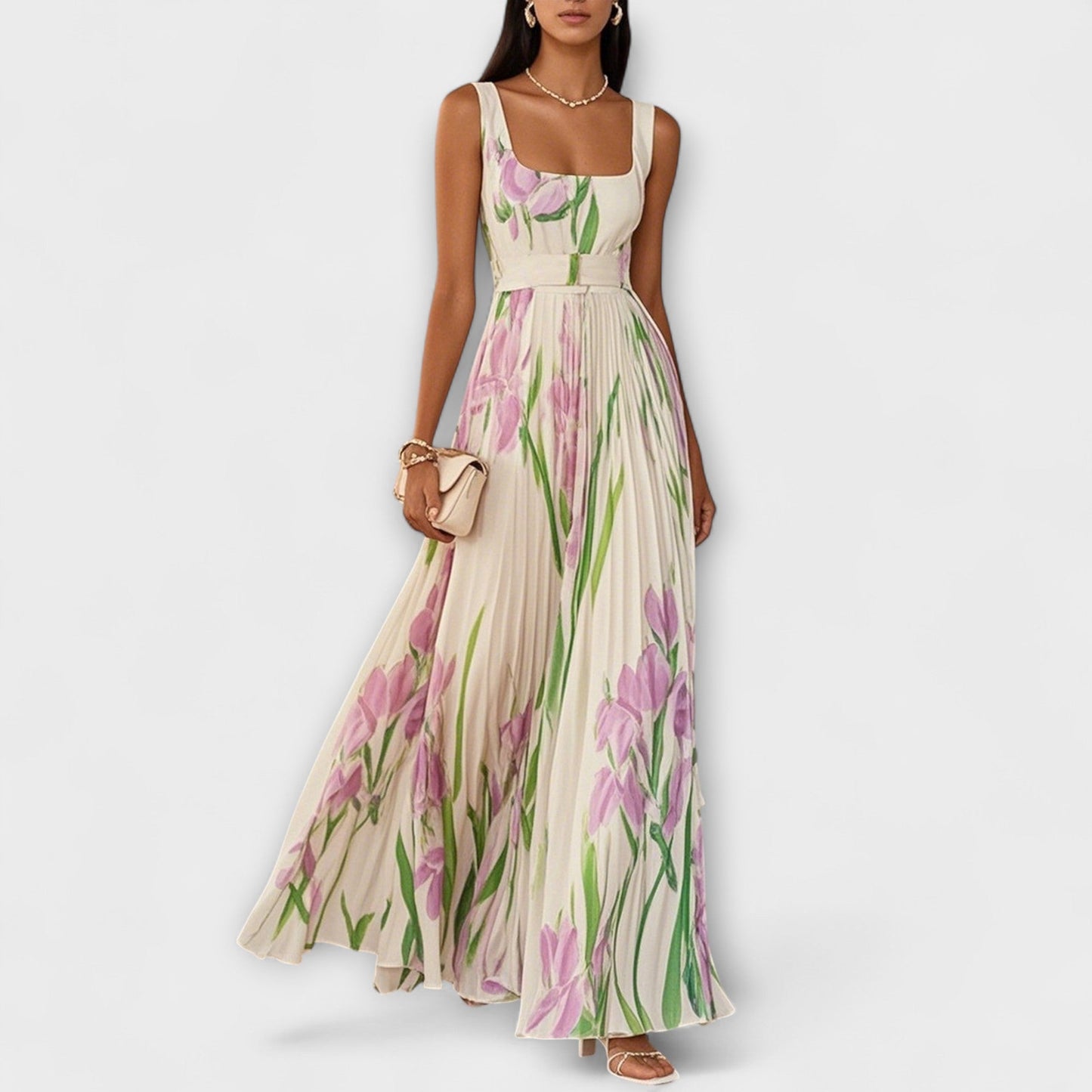 Abito lungo in chiffon floreale piegato