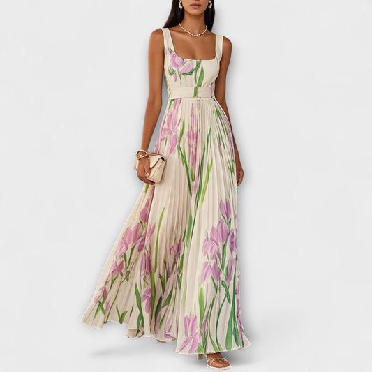 Vestido maxi plisado de gasa con flores